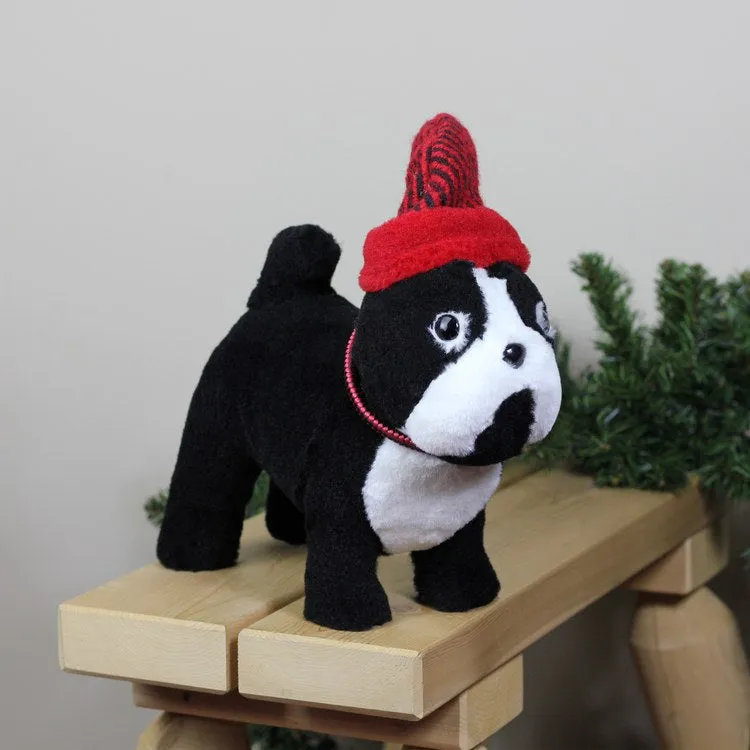 11.5" Black and White Plush Standing Bulldog with Red Hat Christmas Decoration