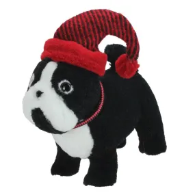 11.5" Black and White Plush Standing Bulldog with Red Hat Christmas Decoration