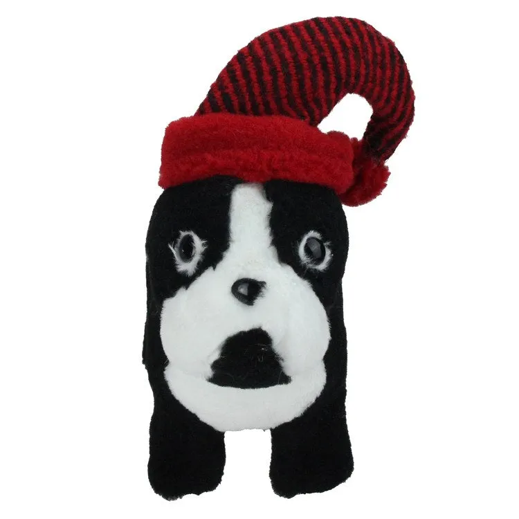 11.5" Black and White Plush Standing Bulldog with Red Hat Christmas Decoration