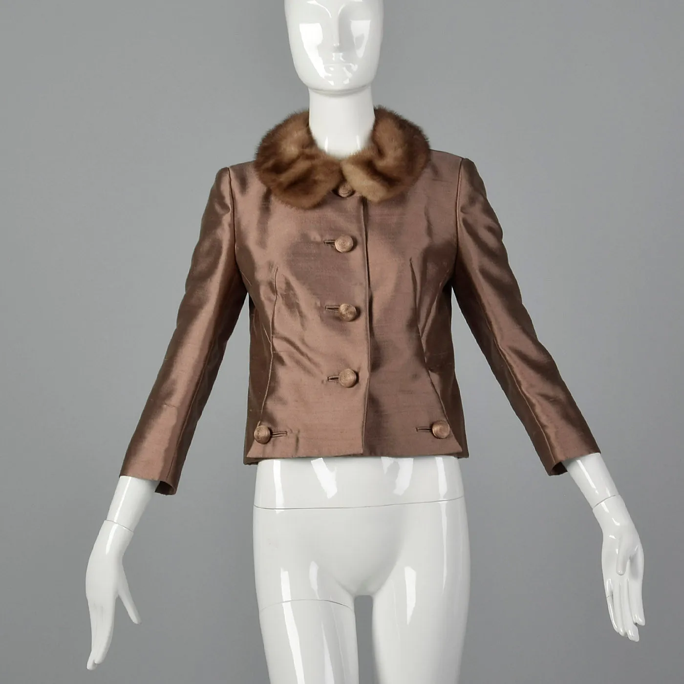 1960s Brown Silk Jacket with Fur Collar