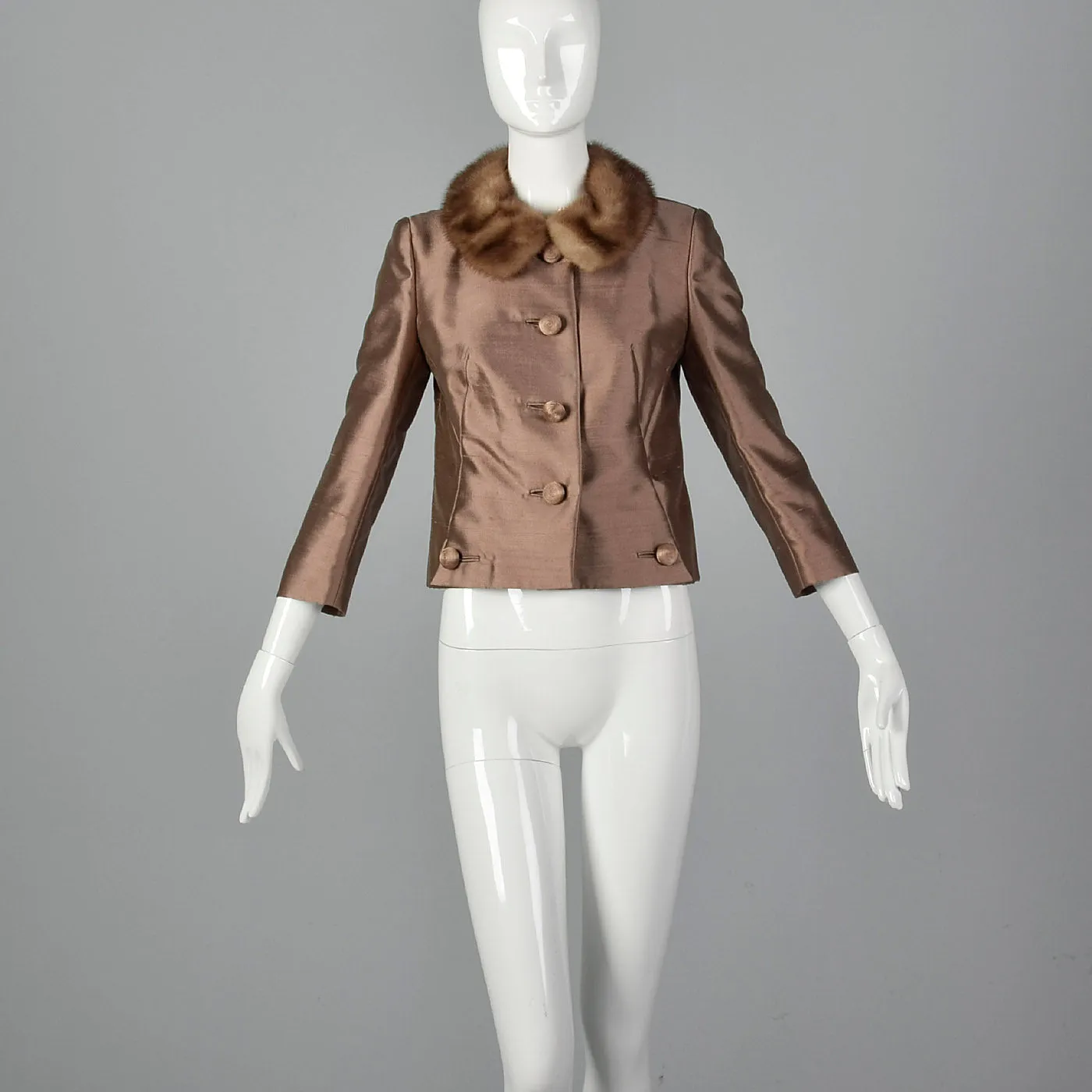 1960s Brown Silk Jacket with Fur Collar