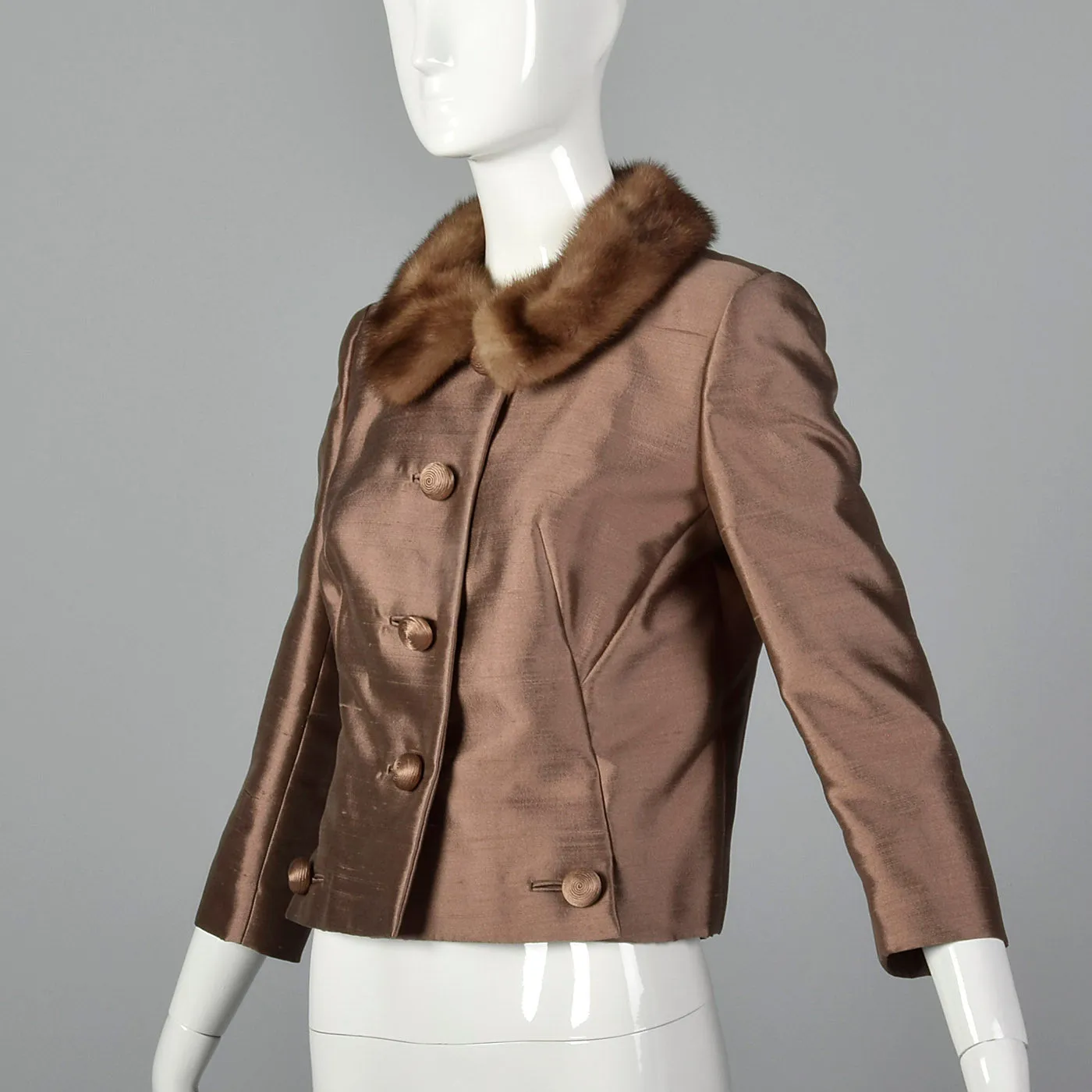 1960s Brown Silk Jacket with Fur Collar