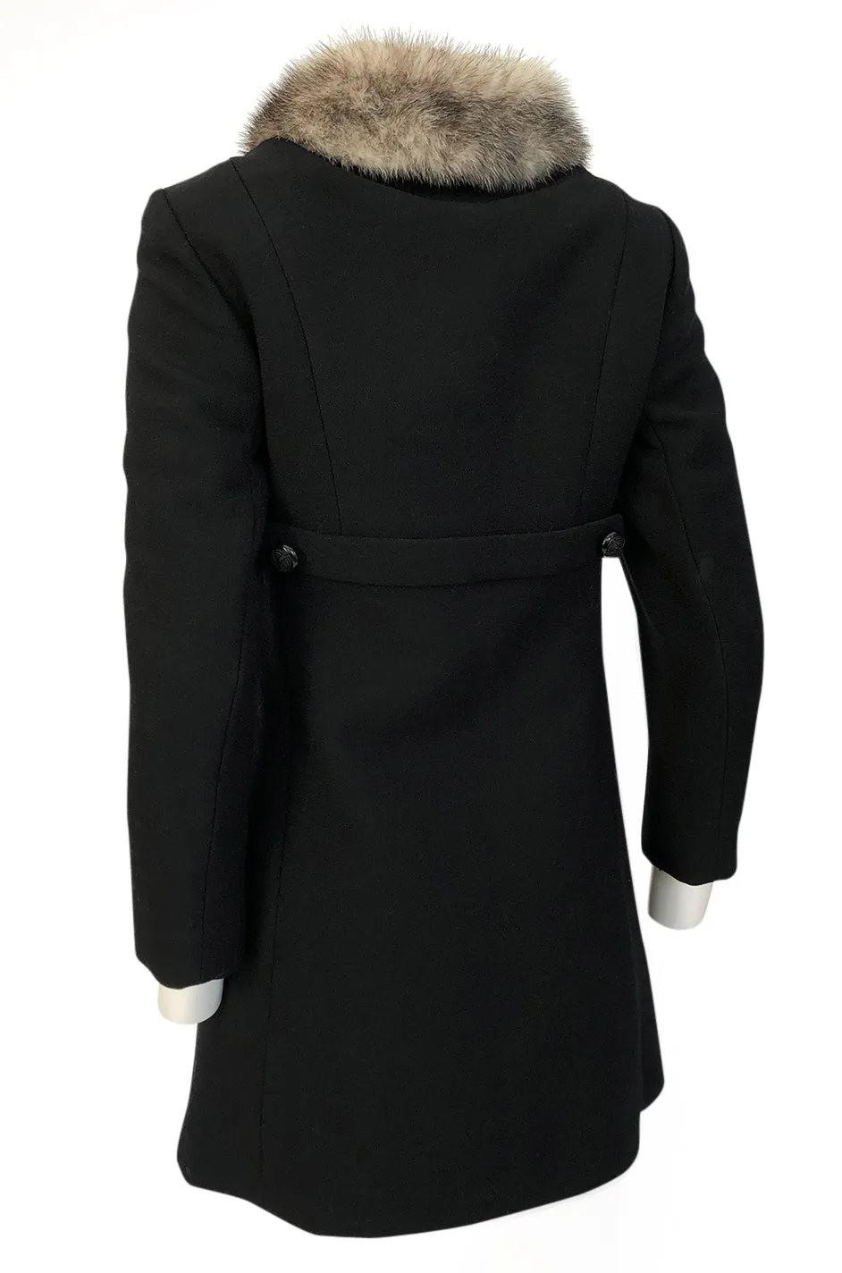 1960s Unlabeled Mod Cut Black Wool Jersey & Fur Trim Coat