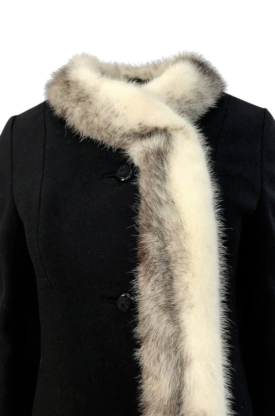 1960s Unlabeled Mod Cut Black Wool Jersey & Fur Trim Coat