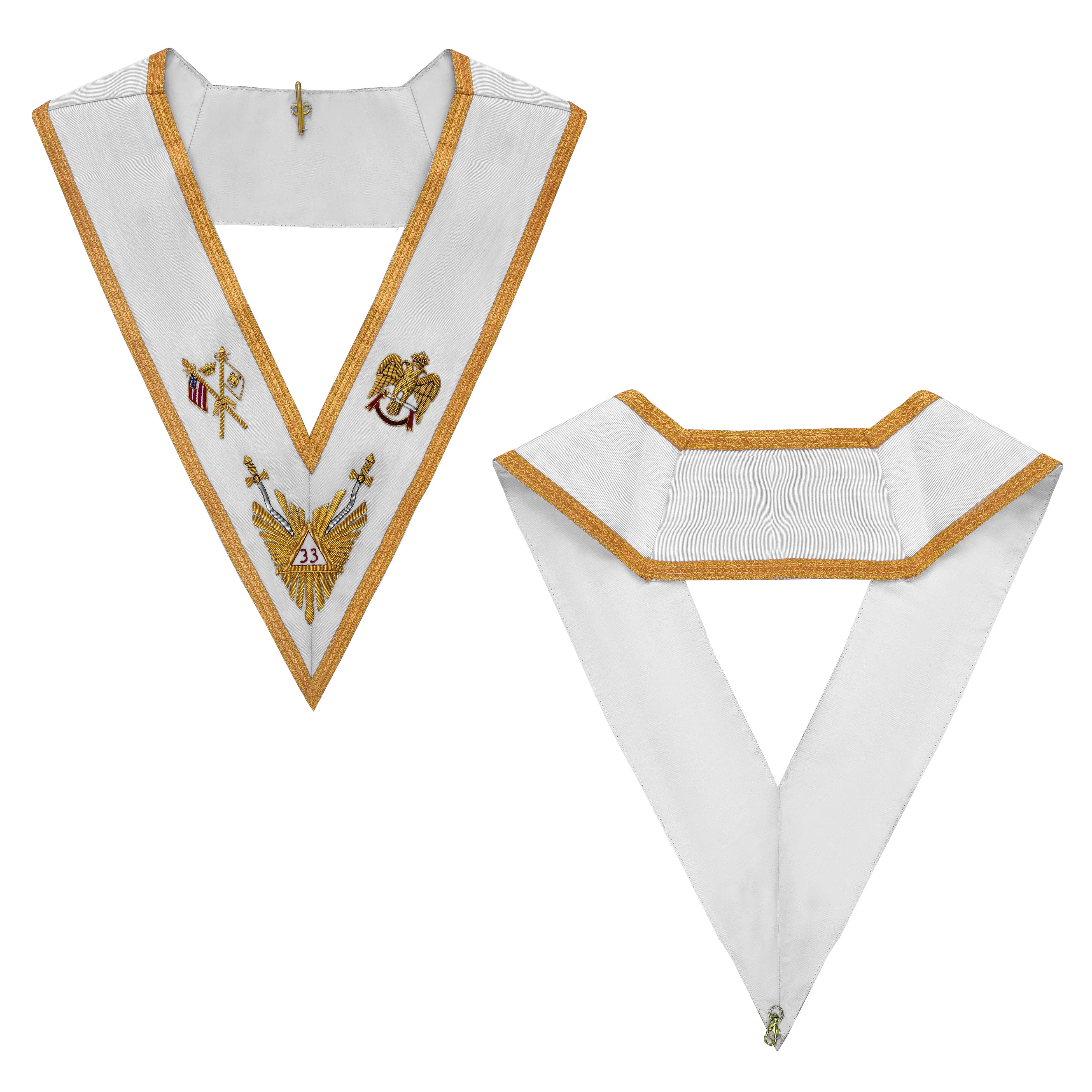 33rd Degree Scottish Rite Collar - White Ribbon with Gold Bullion Embroidery