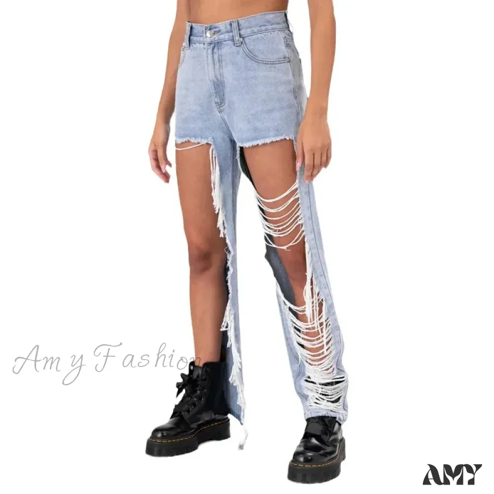 Amy Fashion - New Personalized Holes Woman Summer Waisted Streetwear Straight Wide Jean