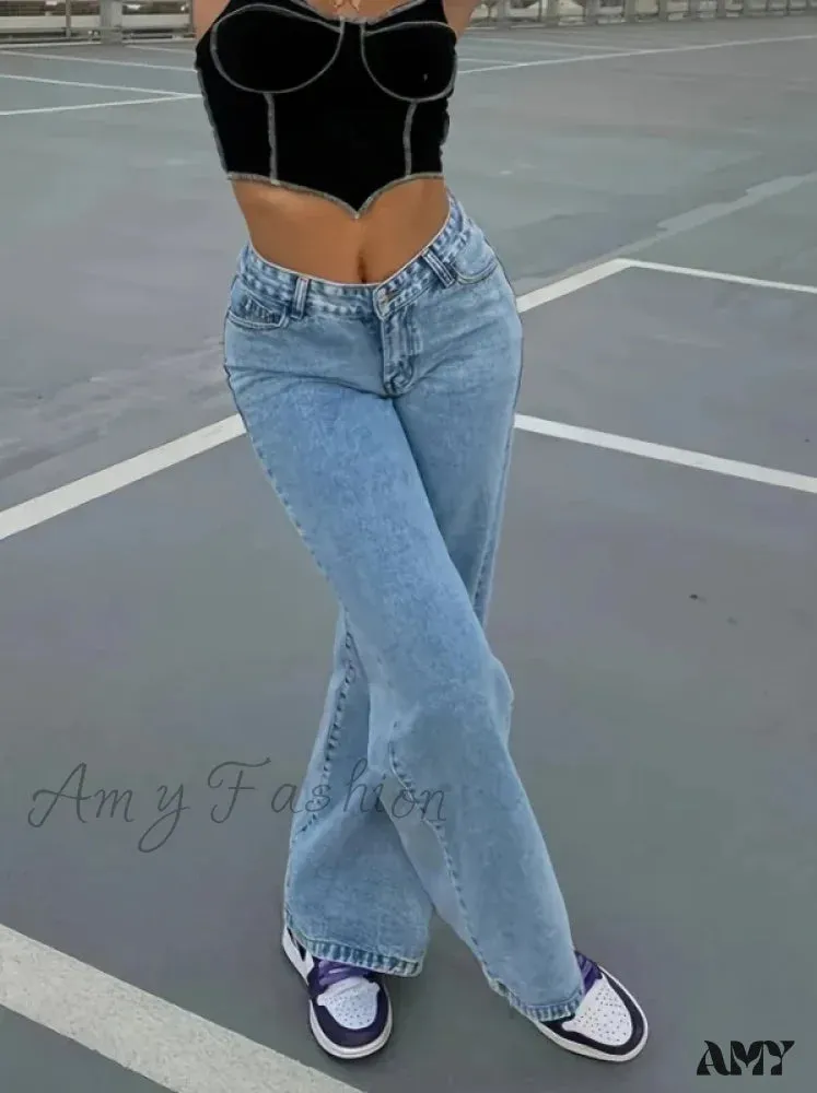 Ankle Length Wide Leg Washed High Waist Denim Solid Pockets Zipper Fly Casual Loose Jean