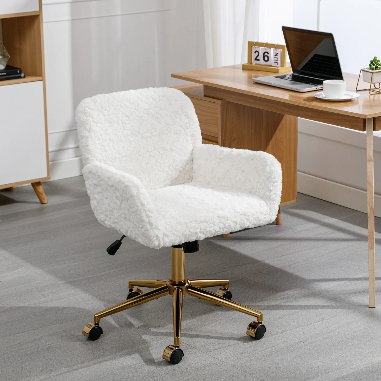 Artificial Rabbit Hair Gold Metal Base Home Office Chair -  Adjustable Rotating Office and Dressing Chair (beige)