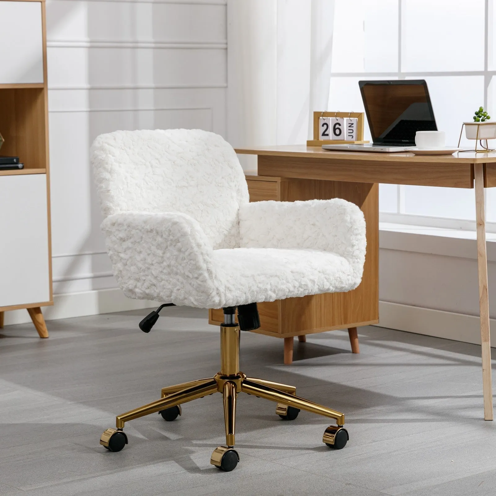 Artificial Rabbit Hair Gold Metal Base Home Office Chair -  Adjustable Rotating Office and Dressing Chair (beige)