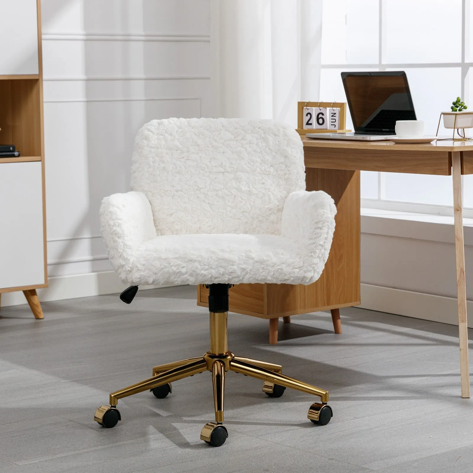 Artificial Rabbit Hair Gold Metal Base Home Office Chair -  Adjustable Rotating Office and Dressing Chair (beige)