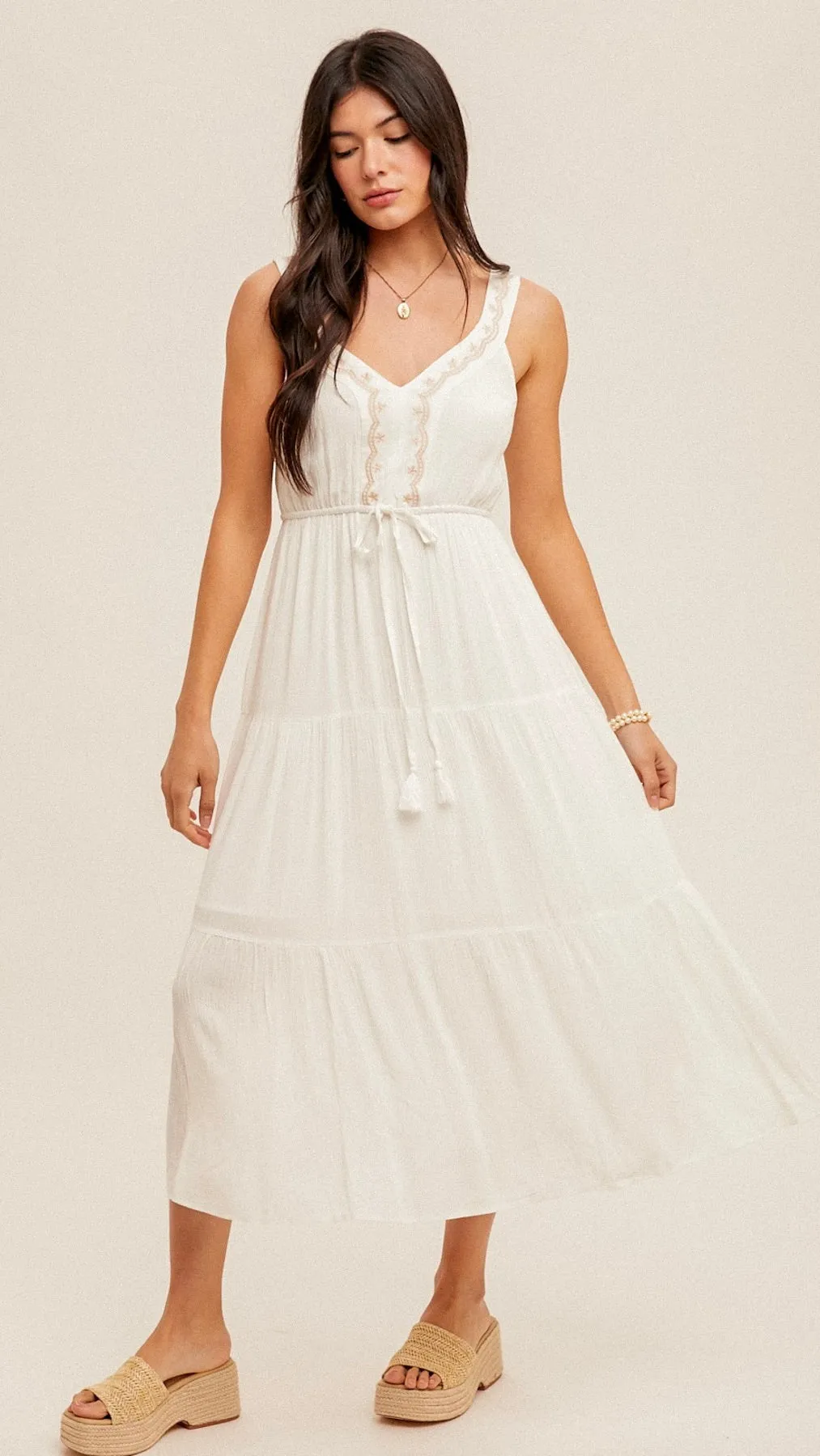 Ashley Embroidered Tie Waist Dress Off White