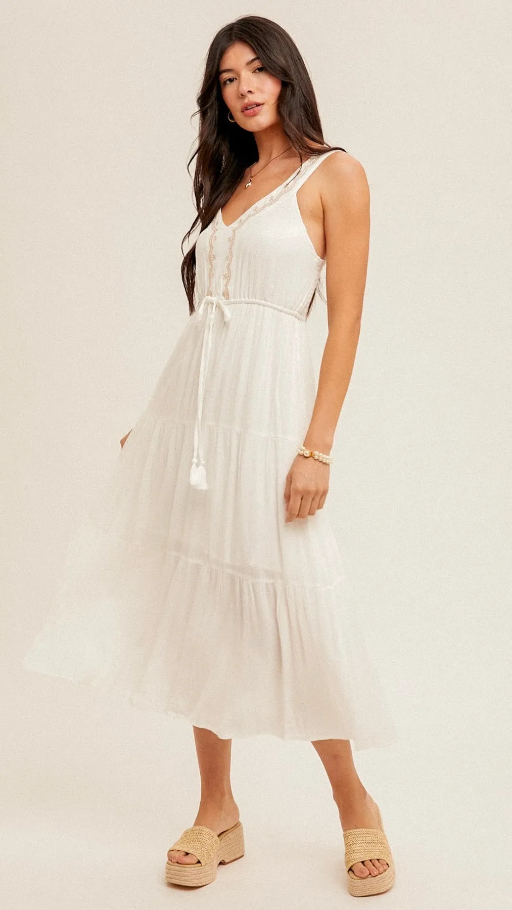 Ashley Embroidered Tie Waist Dress Off White