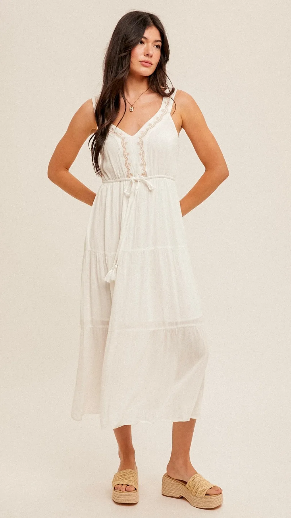 Ashley Embroidered Tie Waist Dress Off White