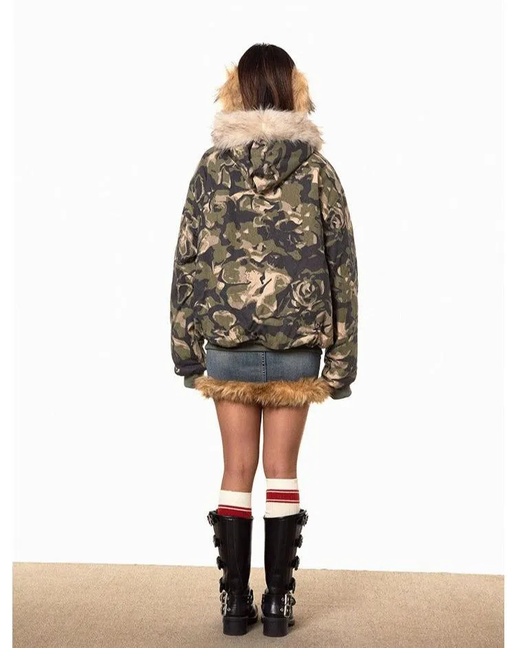 BB Fur Collar Camo Hooded Puffer Jacket