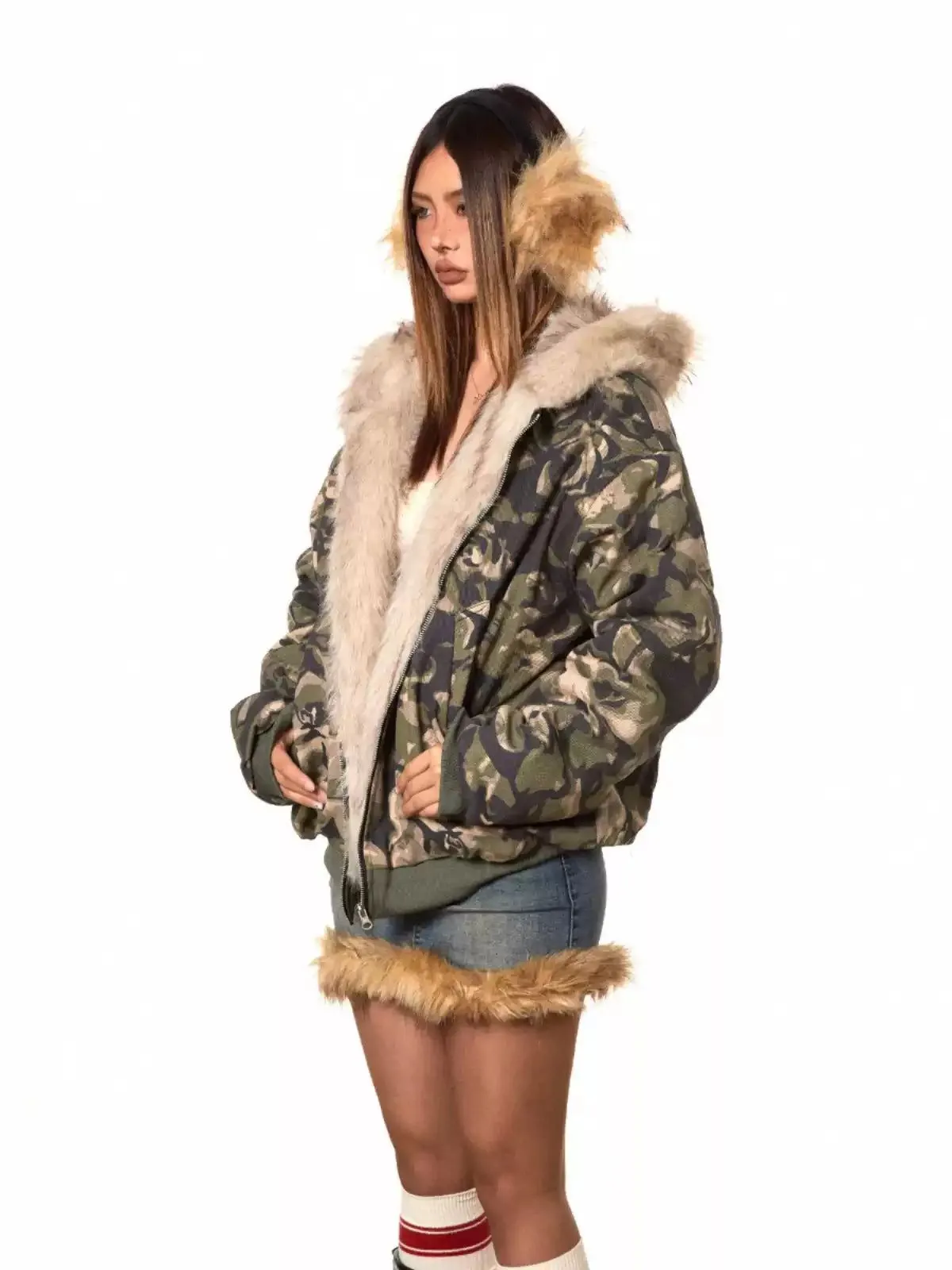 BB Fur Collar Camo Hooded Puffer Jacket