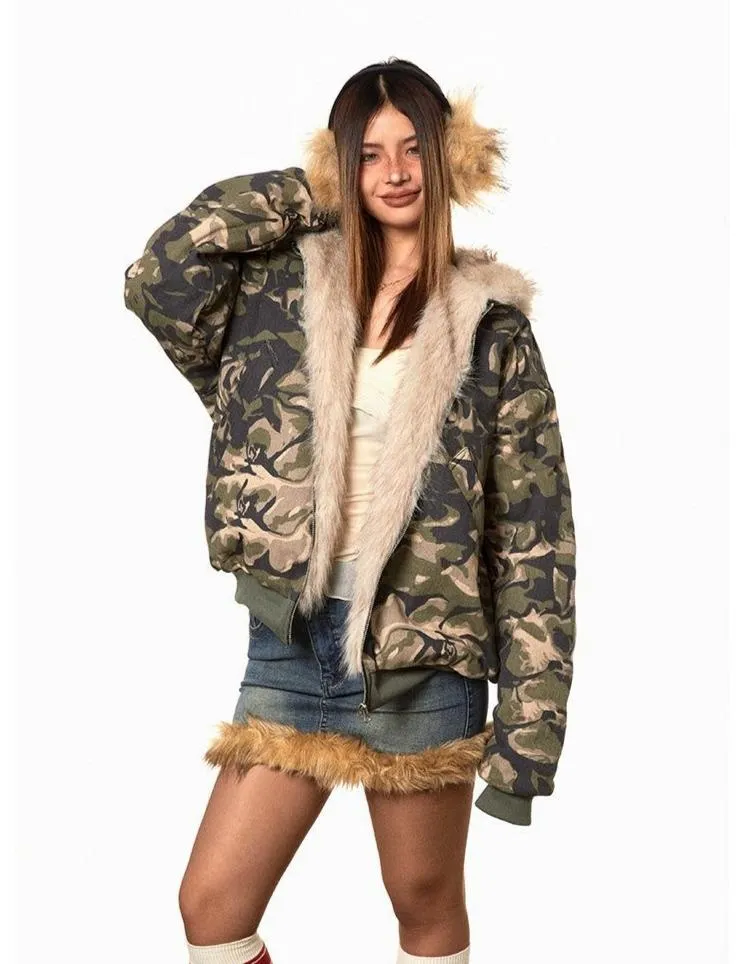 BB Fur Collar Camo Hooded Puffer Jacket