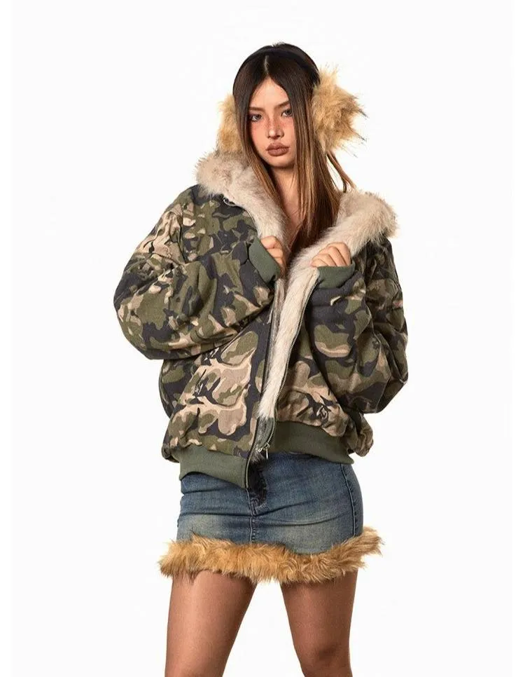 BB Fur Collar Camo Hooded Puffer Jacket