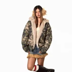 BB Fur Collar Camo Hooded Puffer Jacket