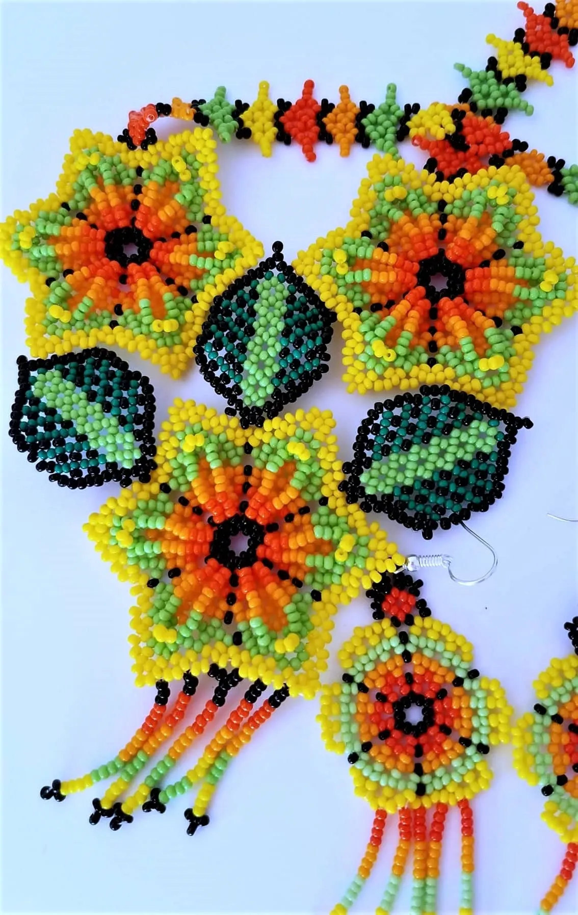 Beautiful Beaded Huichol Sunflower Necklace-Earring Set