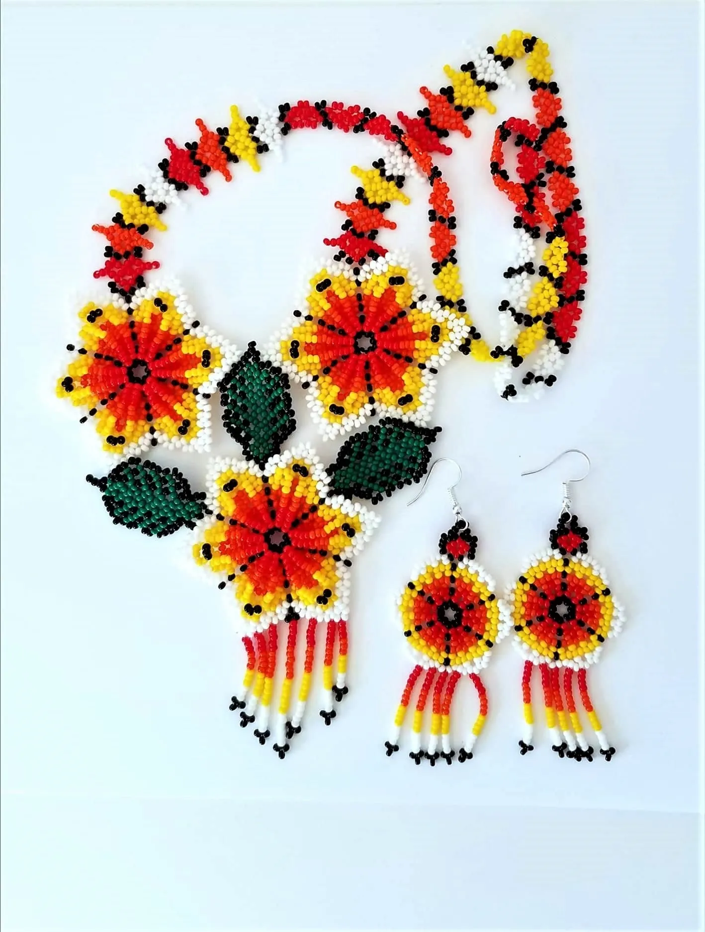 Beautiful Beaded Huichol Sunflower Necklace-Earring Set