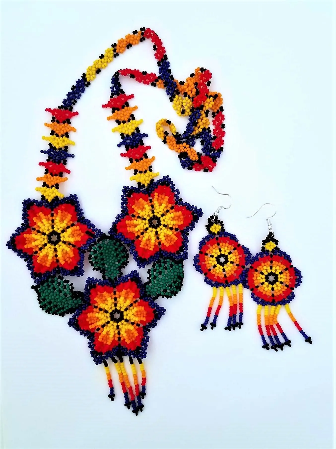 Beautiful Beaded Huichol Sunflower Necklace-Earring Set