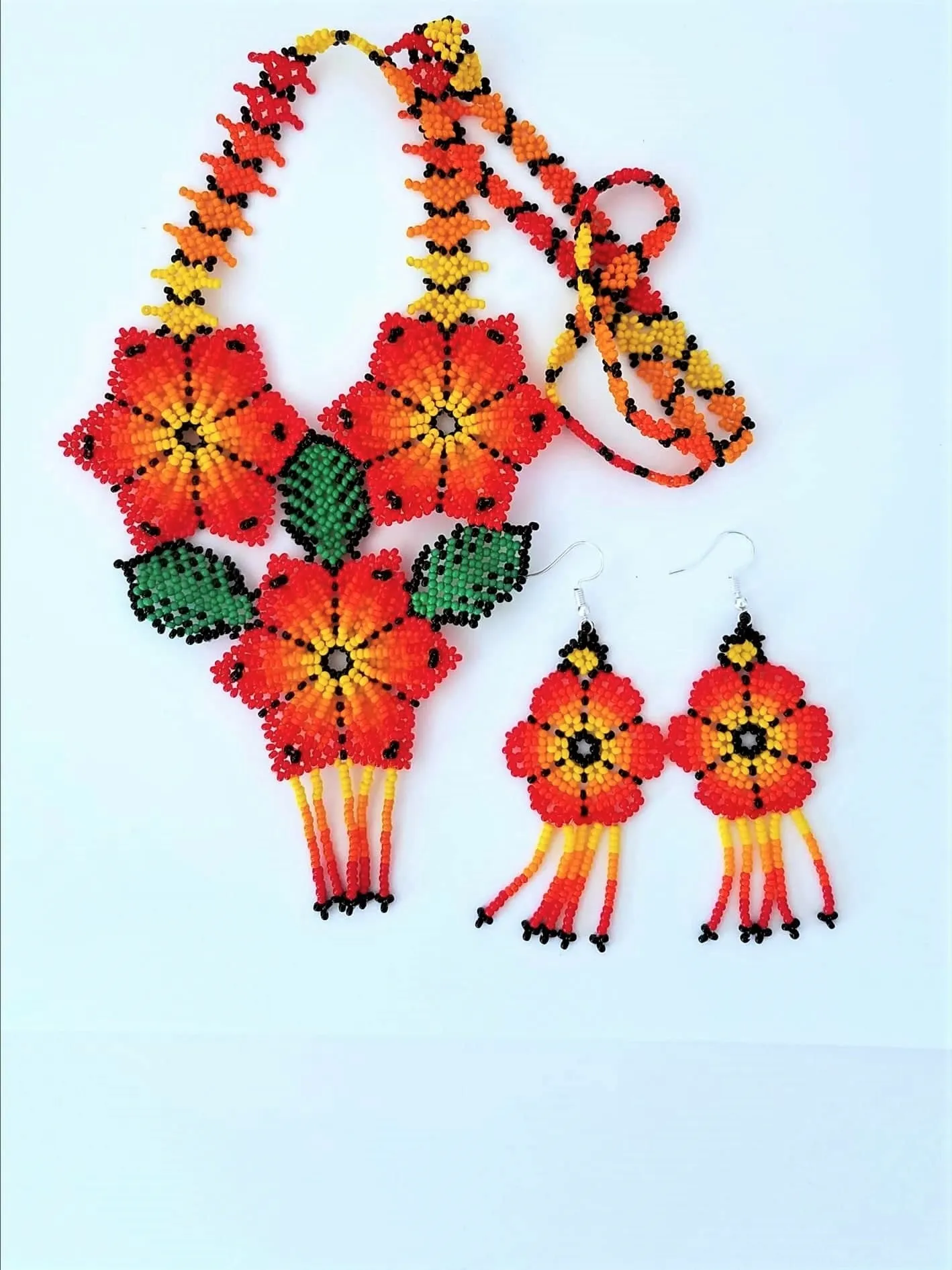 Beautiful Beaded Huichol Sunflower Necklace-Earring Set