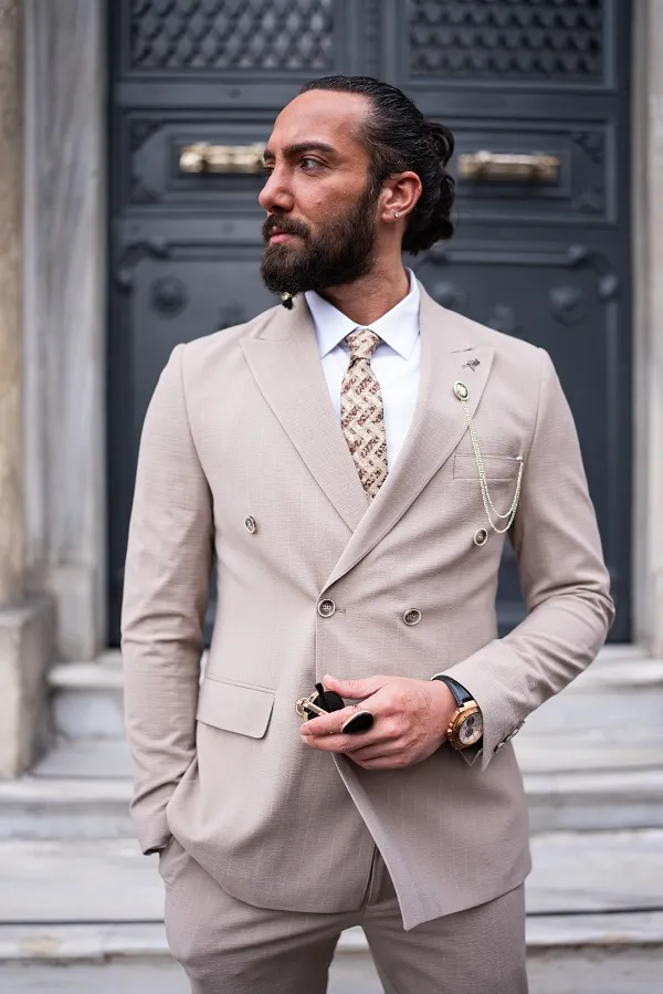 Beige Slim Fit 2 Piece Pinstripe Double Breasted Suit