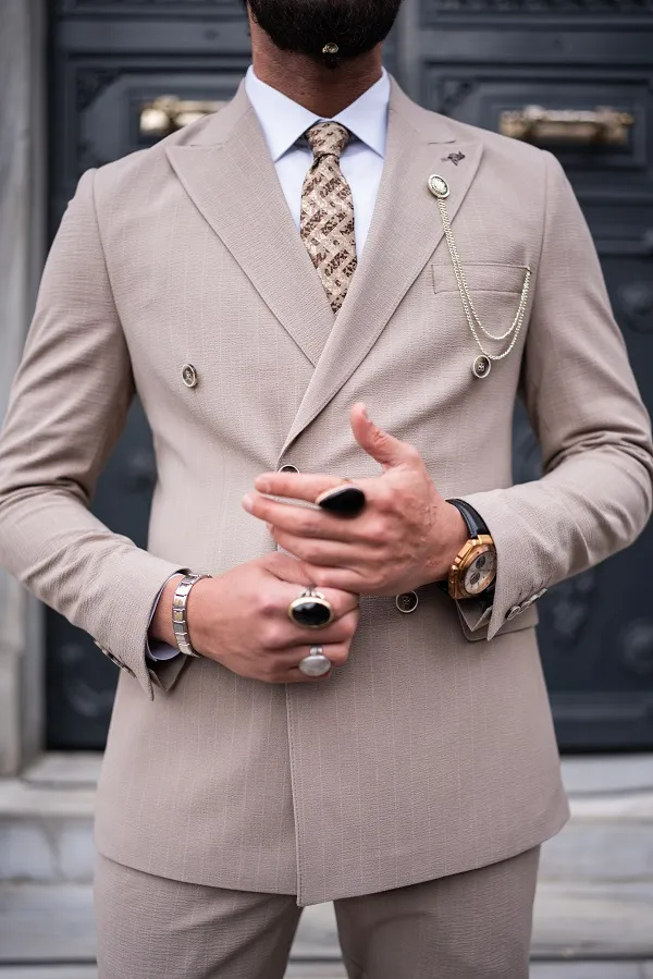 Beige Slim Fit 2 Piece Pinstripe Double Breasted Suit