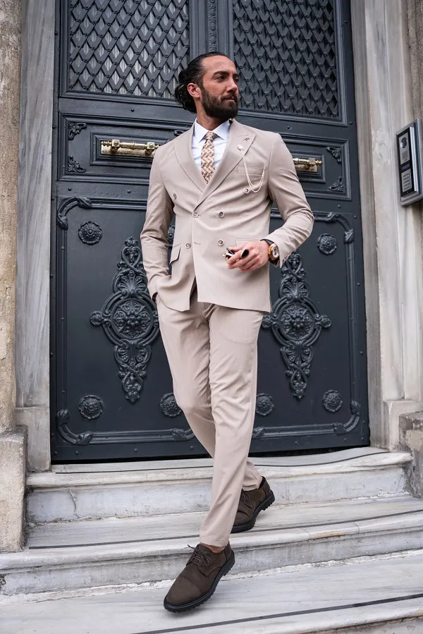 Beige Slim Fit 2 Piece Pinstripe Double Breasted Suit