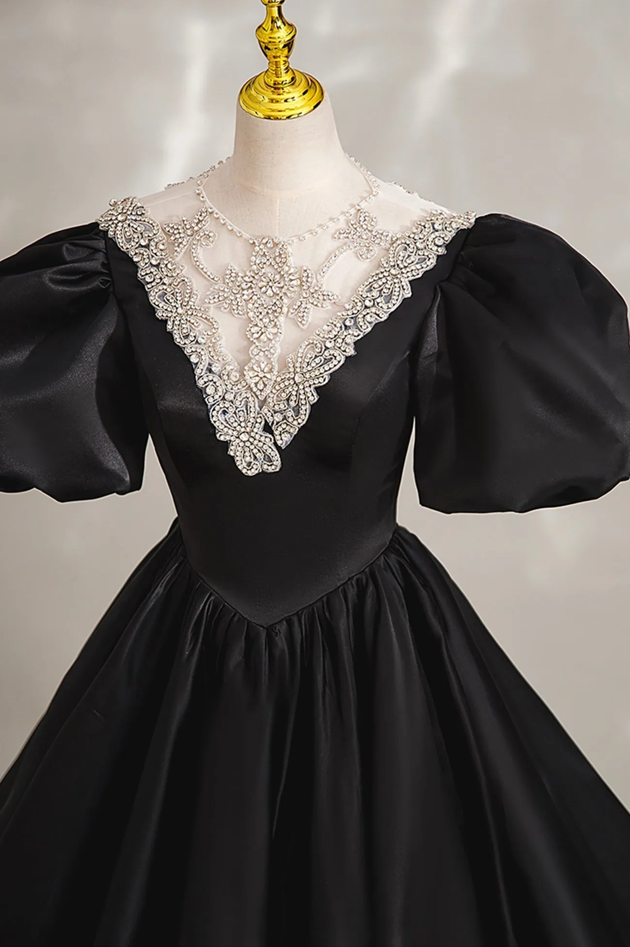 Black Ball Gown with Beaded, Black Short Sleeve Formal Evening Dress