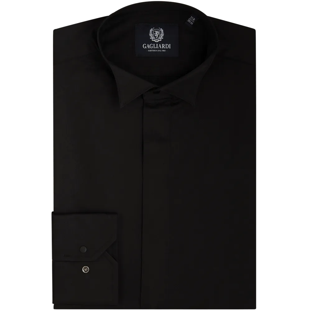 Black Mercerised Plain Slim Fit Traditional Wing Collar Evening Shirt