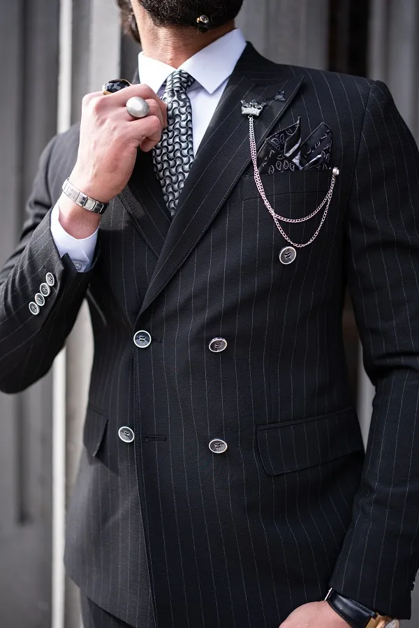 Black Slim Fit 2 Piece Pinstripe Double Breasted Suit