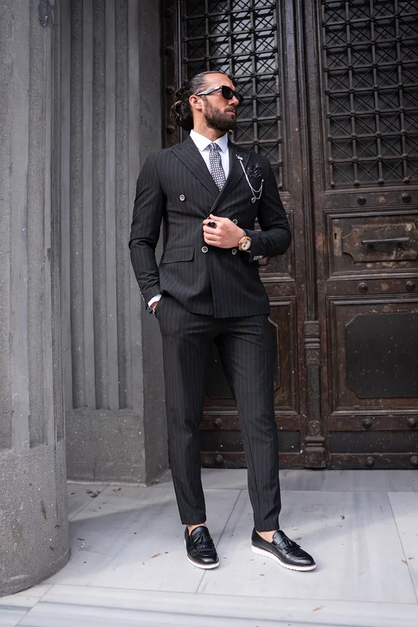 Black Slim Fit 2 Piece Pinstripe Double Breasted Suit