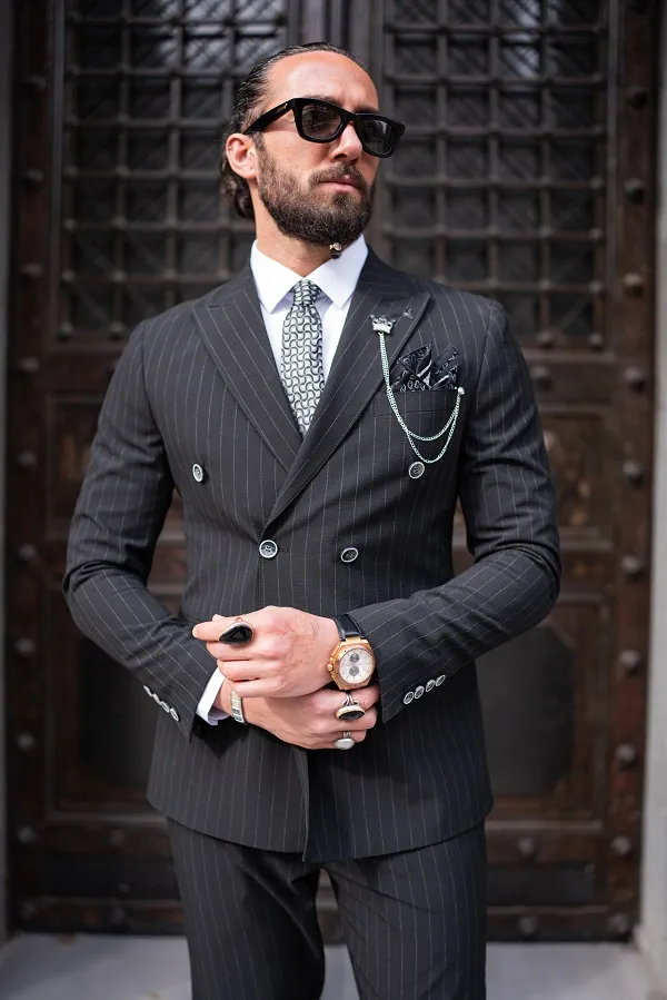 Black Slim Fit 2 Piece Pinstripe Double Breasted Suit