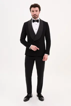 Black Slim Fit Double Breasted Striped Tuxedo | GentWith