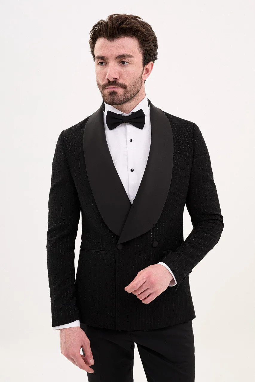 Black Slim Fit Double Breasted Striped Tuxedo | GentWith