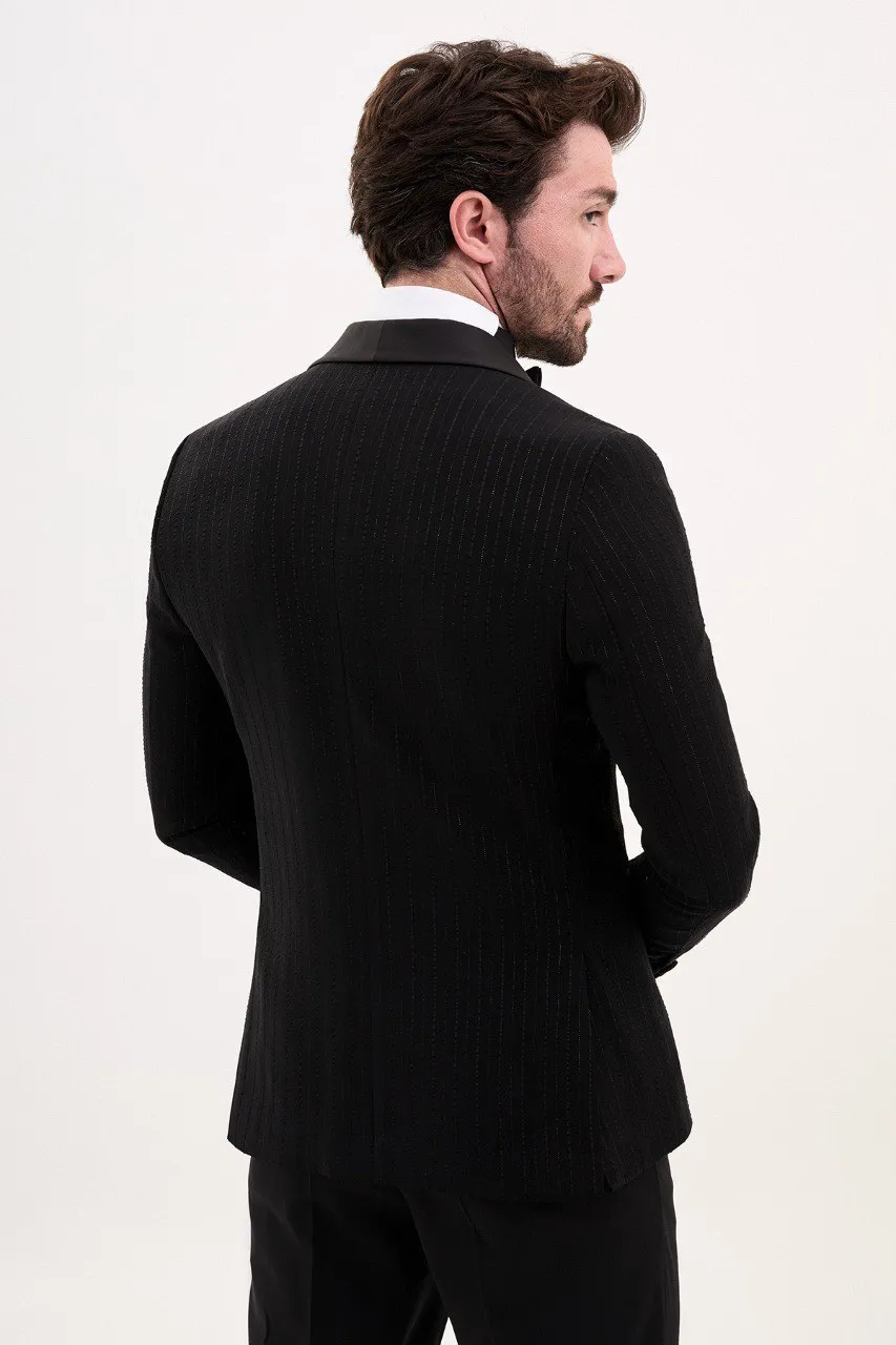 Black Slim Fit Double Breasted Striped Tuxedo | GentWith