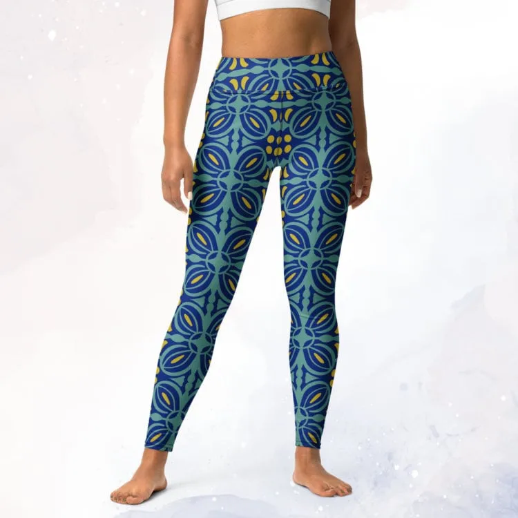 Blue Bold Print Mosaic Patterned Womens Dance Leggings