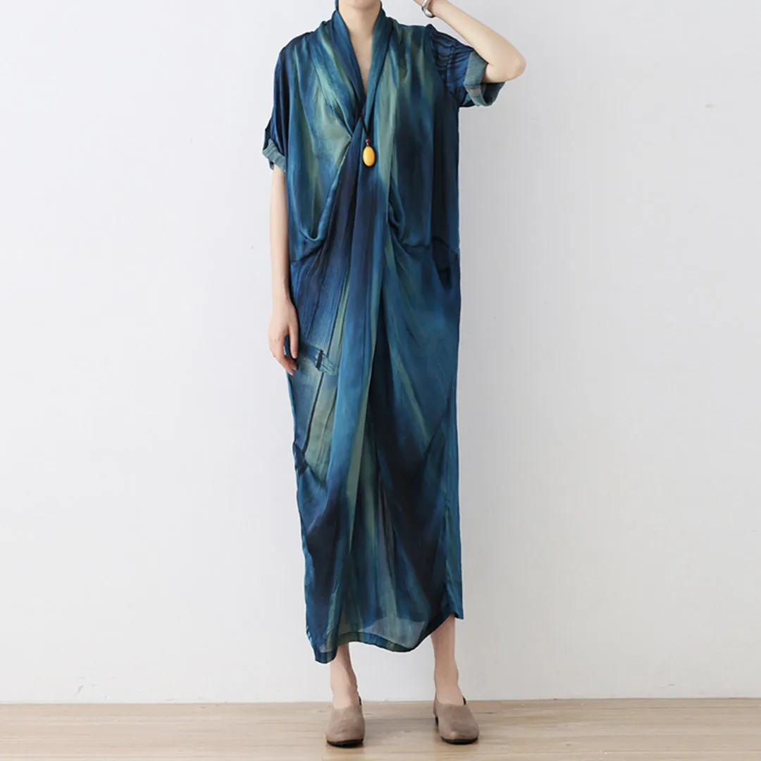 Blue Gradient Crossing V-Neck Dress