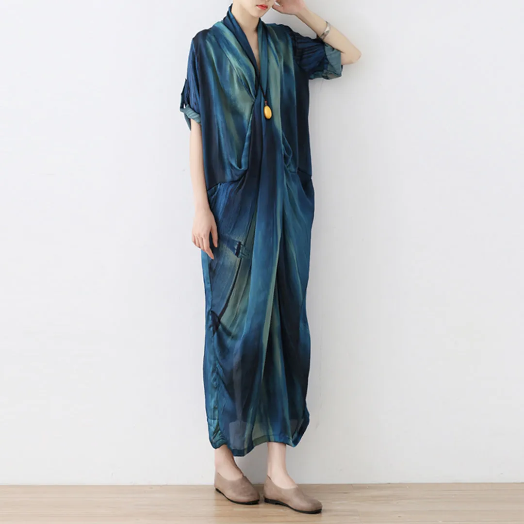 Blue Gradient Crossing V-Neck Dress