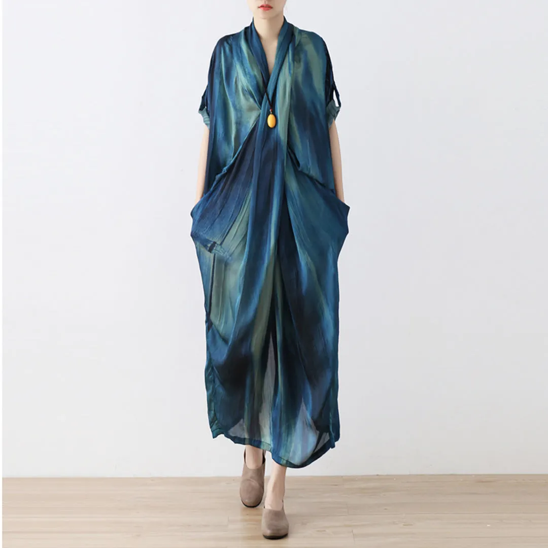 Blue Gradient Crossing V-Neck Dress