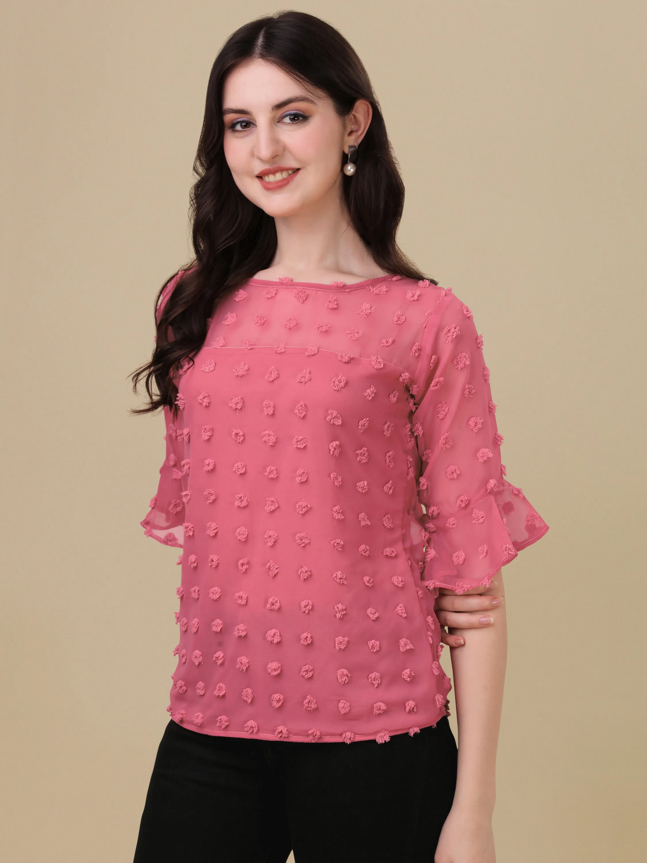 Casual Ruffled Sleeves Georgette Butti Women Top