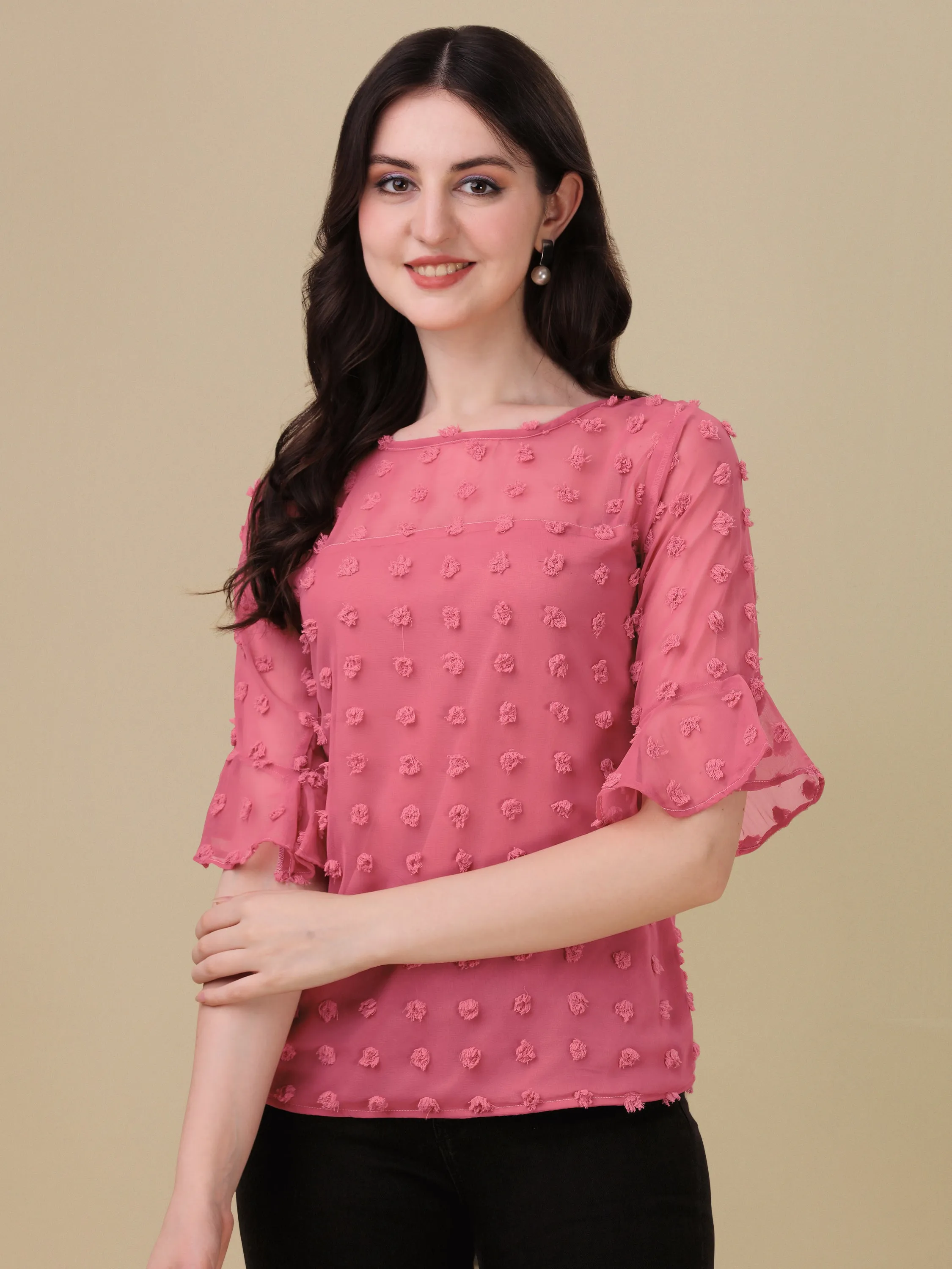 Casual Ruffled Sleeves Georgette Butti Women Top