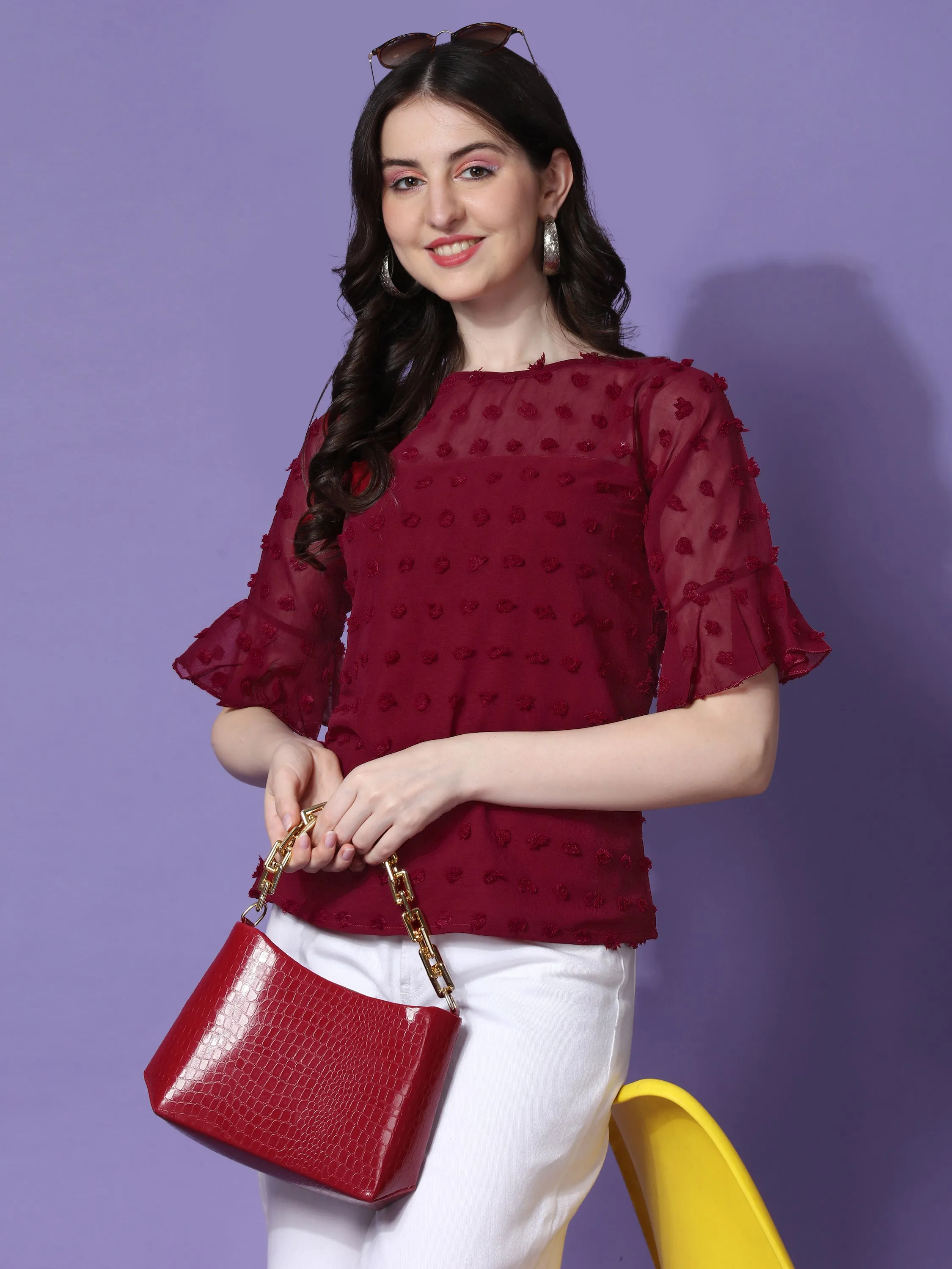 Casual Ruffled Sleeves Georgette Butti Women Top