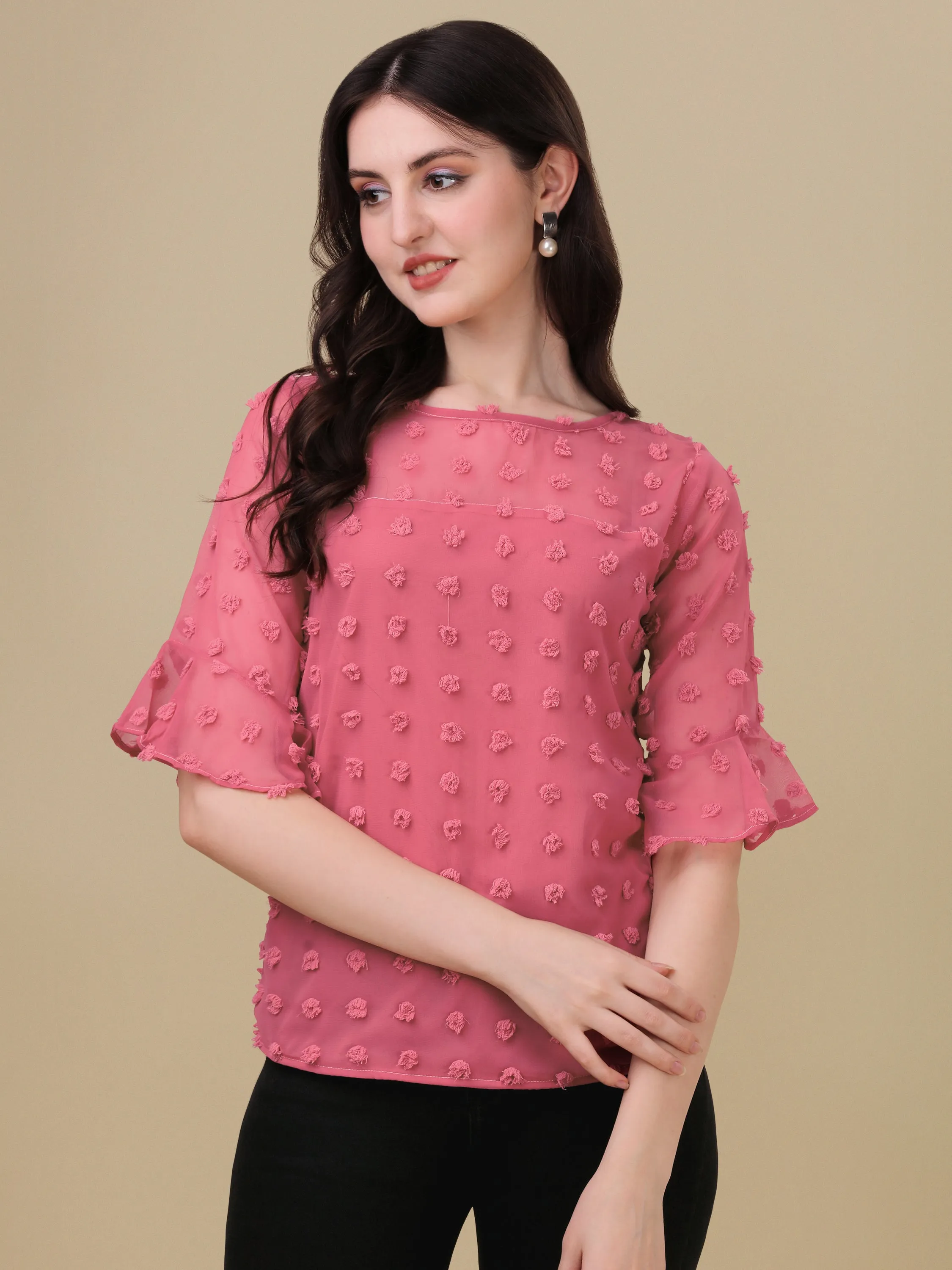 Casual Ruffled Sleeves Georgette Butti Women Top