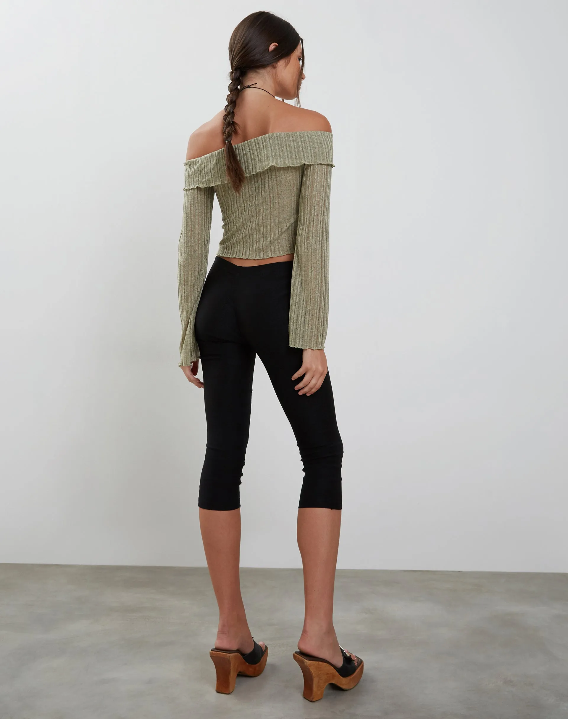 Celeste Long Sleeve Bardot Knitted Top in Sage