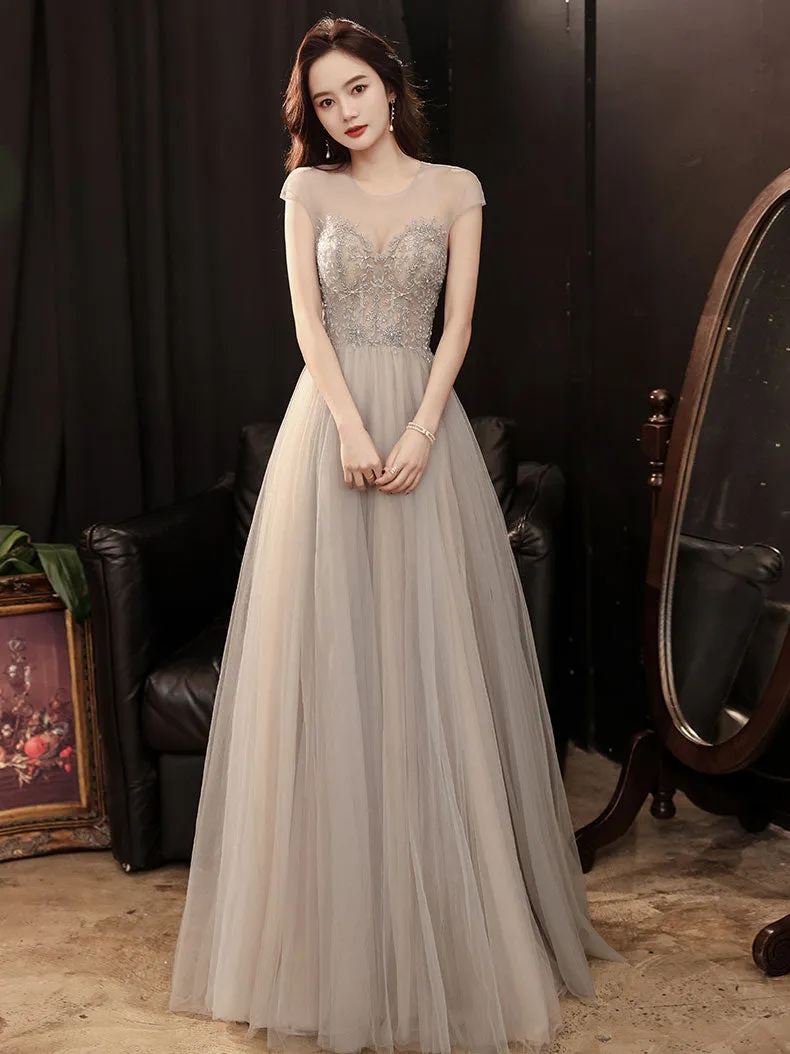 Champagne Round Neck Tulle Beads Long Prom Dress, Champagne Evening Dress