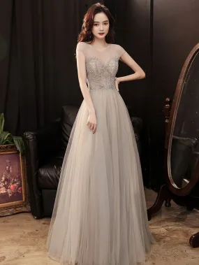 Champagne Round Neck Tulle Beads Long Prom Dress, Champagne Evening Dress