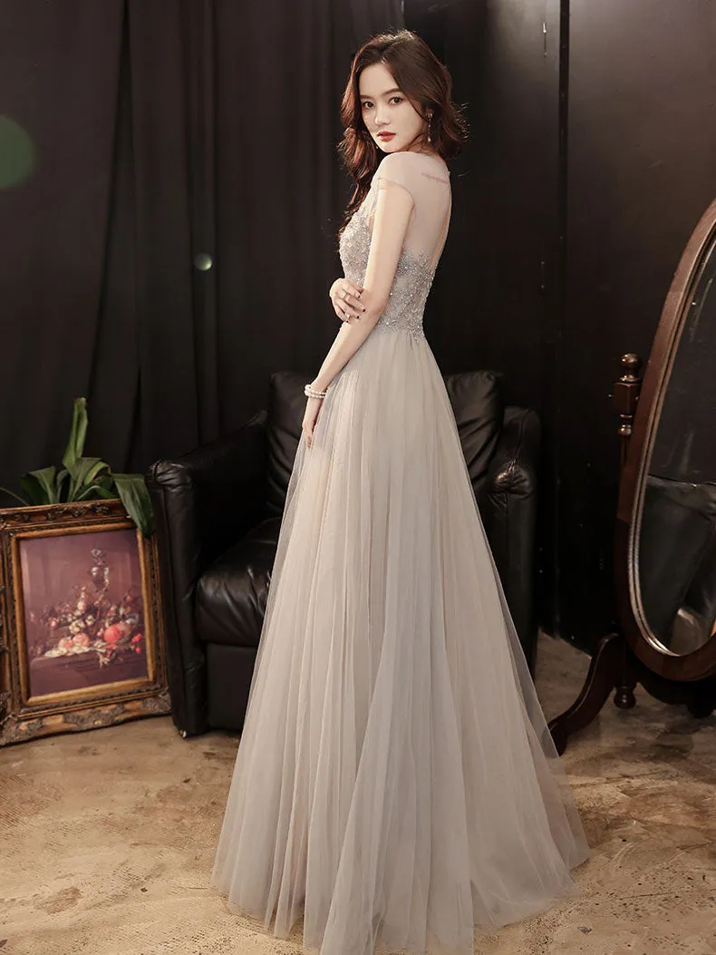 Champagne Round Neck Tulle Beads Long Prom Dress, Champagne Evening Dress