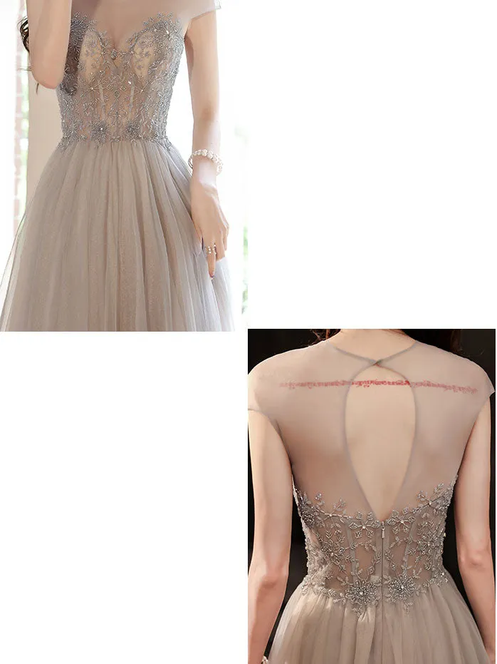 Champagne Round Neck Tulle Beads Long Prom Dress, Champagne Evening Dress